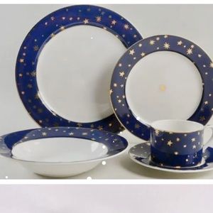 Galaxy by Sakura Fine Porcelain 5 Piece Serving Set Blue Gold Stars.
